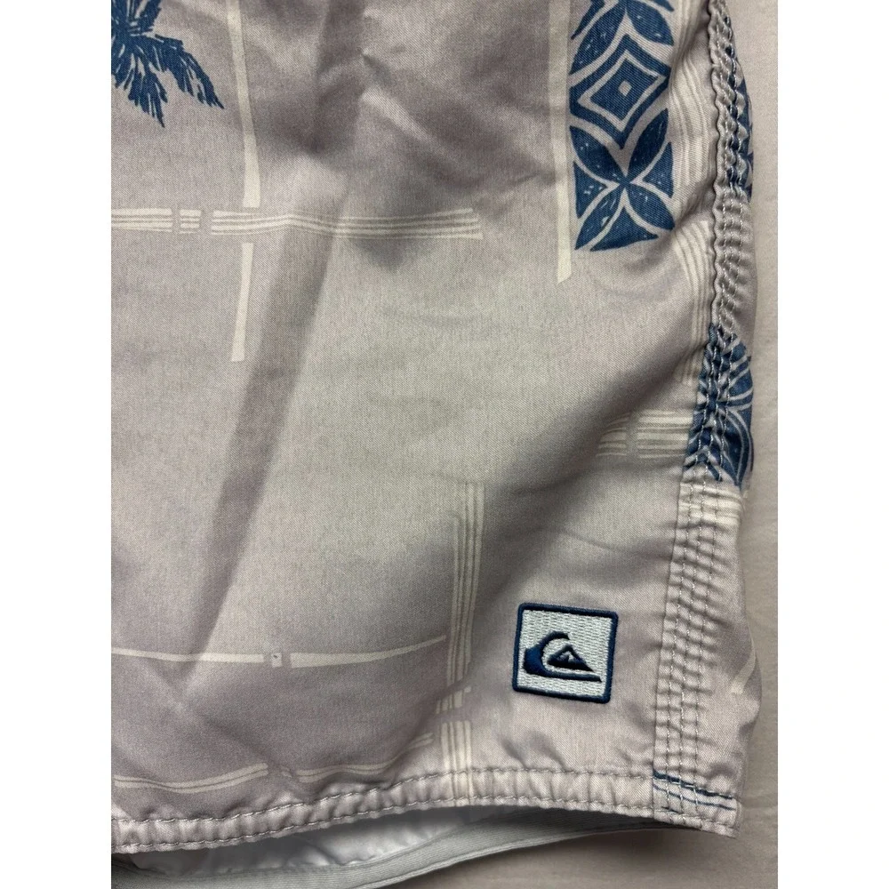 Quiksilver Board Shorts Mens Gray Blue Palm Tree Lace-Up Hawaiian Beach 30 Waist